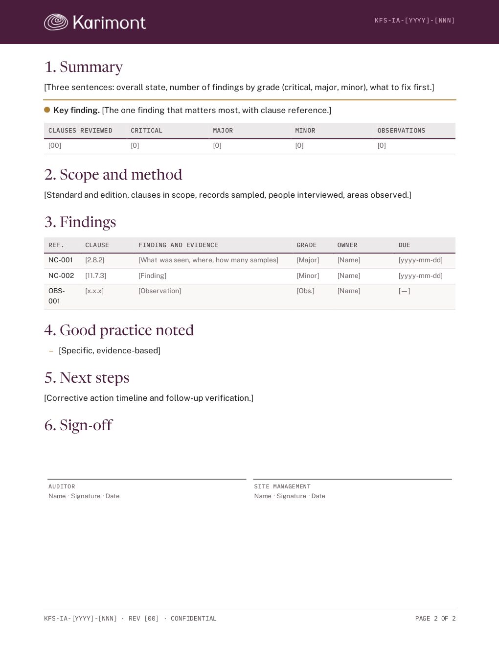 Inside page of the internal audit report template: summary, key finding, findings table with clause, grade, owner and due date