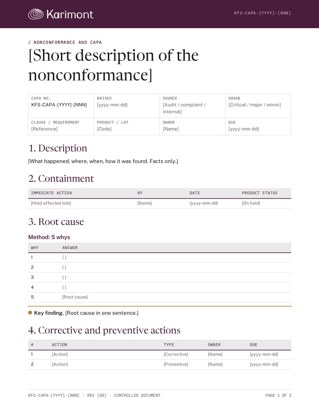 First page of the Karimont nonconformance and CAPA report template
