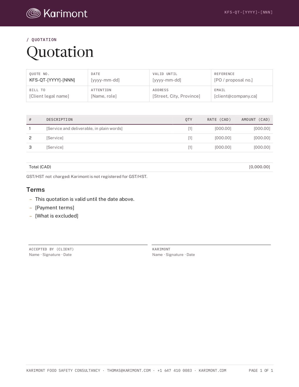 First page of the Karimont quotation template